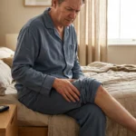 A middle-aged patient touching their weakened right thigh at home, the subtle visible atrophy that marks the onset of lumbosacral plexopathy.