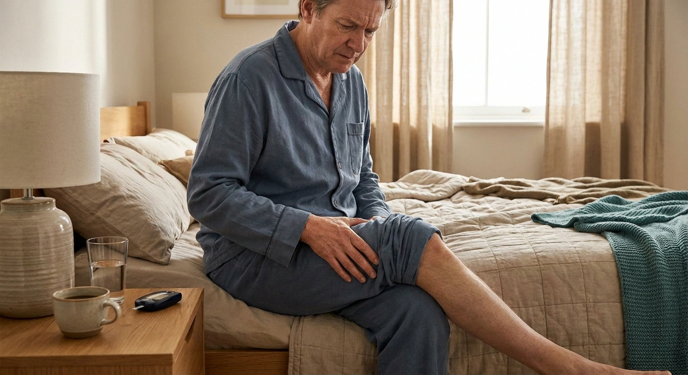 A middle-aged patient touching their weakened right thigh at home, the subtle visible atrophy that marks the onset of lumbosacral plexopathy.