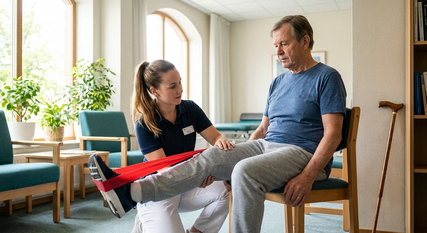 A patient with lumbosacral plexopathy doing progressive hip flexion rehab work with a physical therapist — the year-plus recovery arc after diabetic amyotrophy.