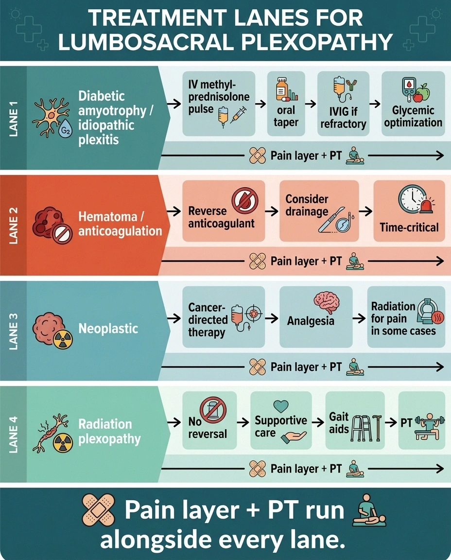 Four-lane treatment flowchart showing that lumbosacral plexopathy treatment depends entirely on cause — immunotherapy for diabetic amyotrophy, urgent reversal for hematomas, cancer therapy for tumor infiltration, supportive care for radiation injury.