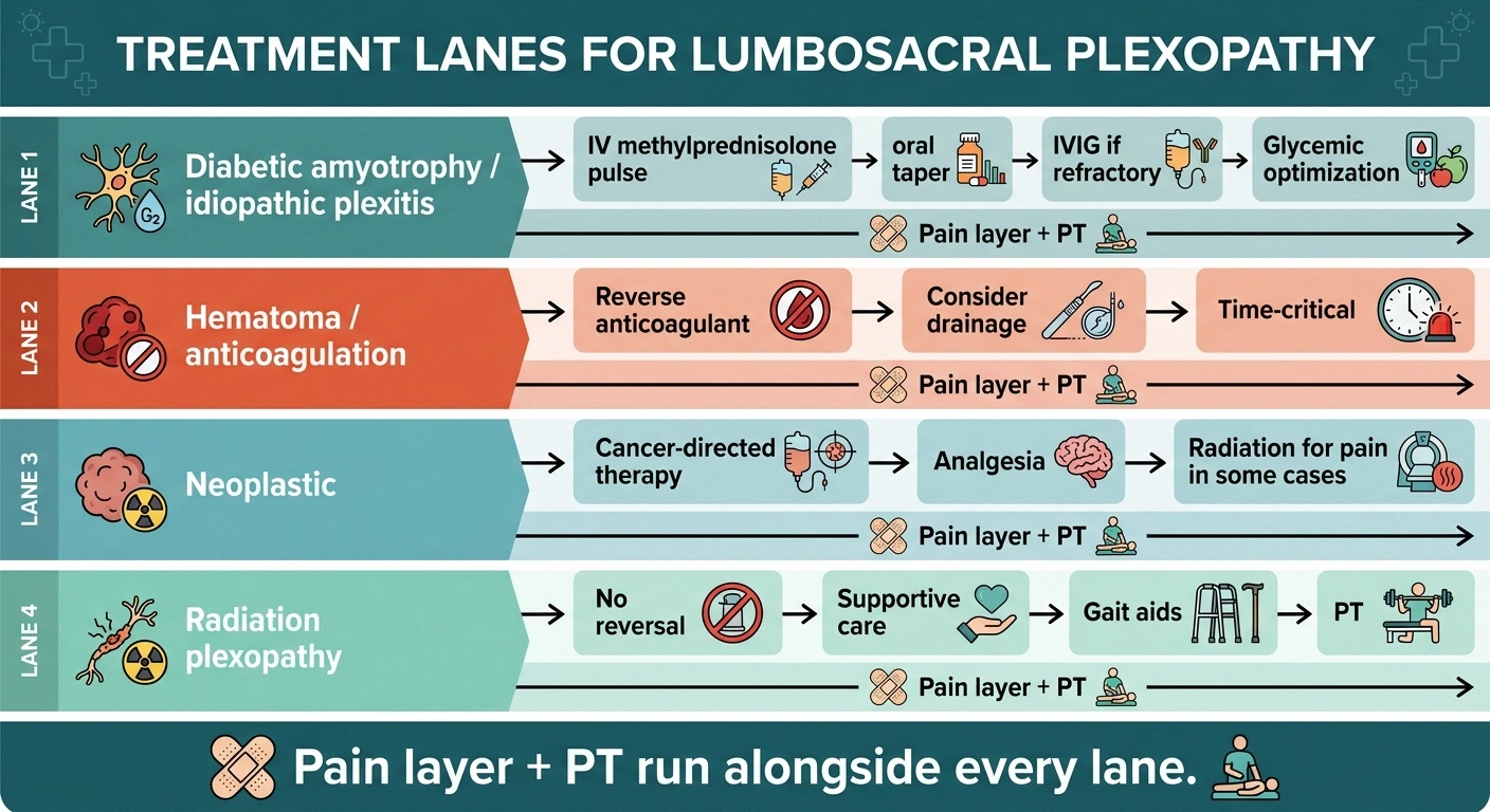 Four-lane treatment flowchart showing that lumbosacral plexopathy treatment depends entirely on cause — immunotherapy for diabetic amyotrophy, urgent reversal for hematomas, cancer therapy for tumor infiltration, supportive care for radiation injury.