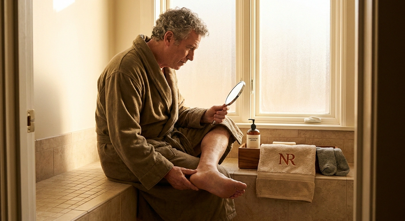 Older man performing daily foot inspection with a small mirror to check for injuries he may not feel due to neuropathy.