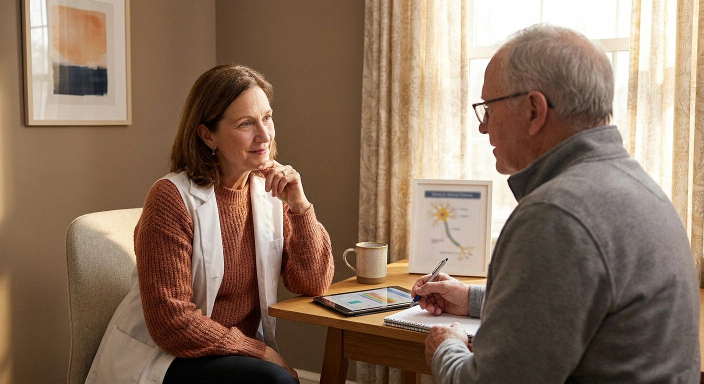 Neurologist and neuropathy patient in a warm conversation about symptoms and when specific changes warrant a call.