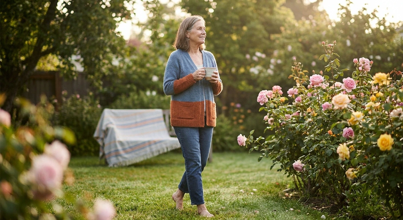 Mature woman walking peacefully in her garden — living around the walking-on-marbles sensation long-term.