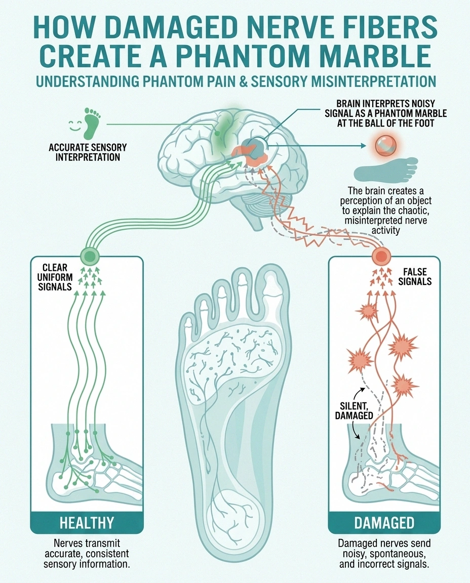 Infographic showing how damaged nerve fibers send false signals that the brain interprets as a marble under the foot.