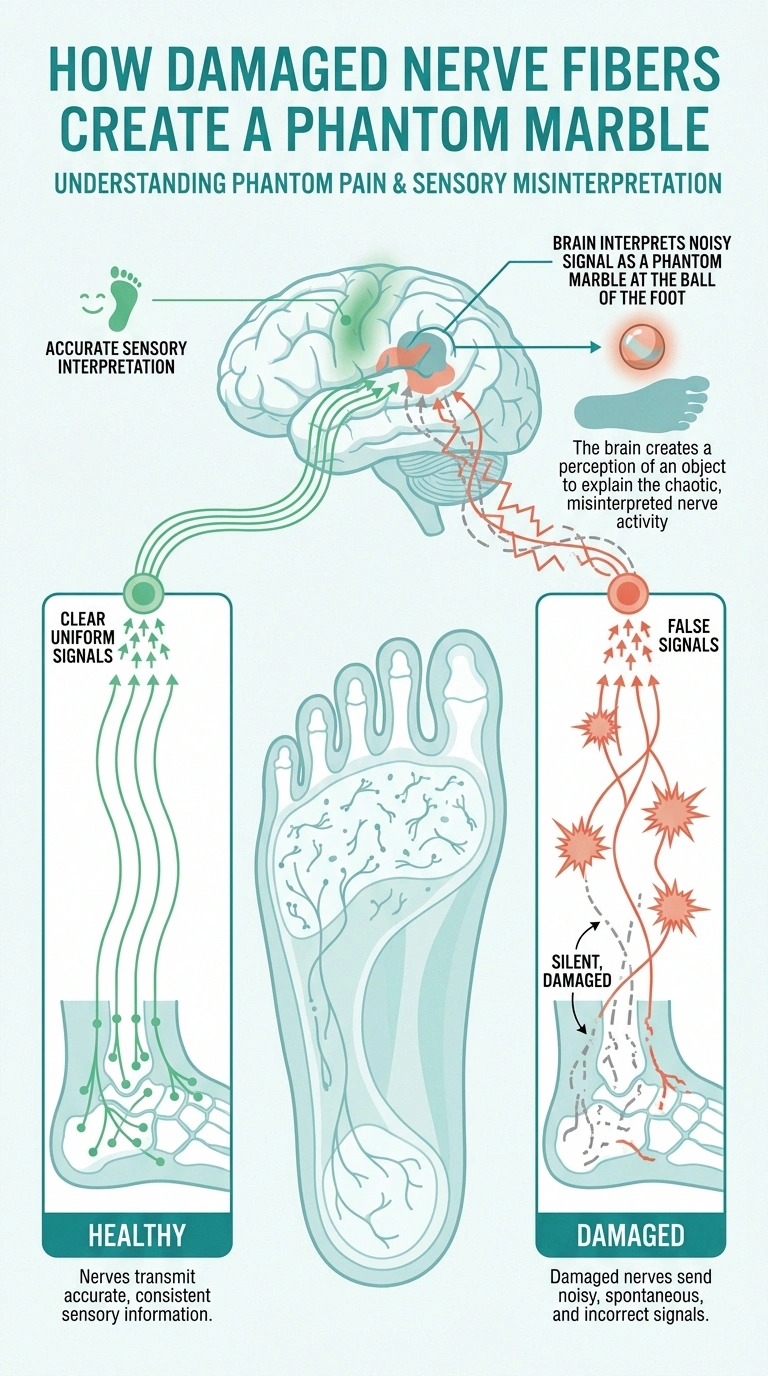 Infographic showing how damaged nerve fibers send false signals that the brain interprets as a marble under the foot.