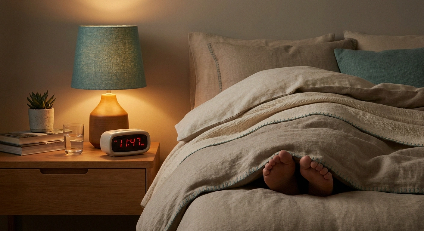 Warm bedroom scene at night when neuropathy sensations like walking on marbles often feel most noticeable.