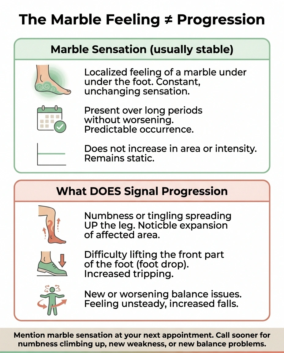 Infographic distinguishing the walking on marbles sensation from actual signs of neuropathy progression.
