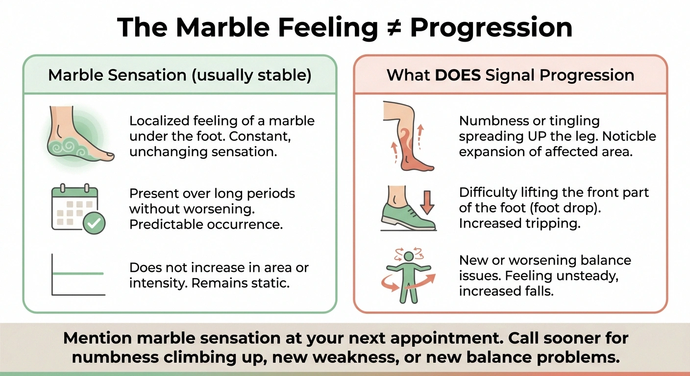Infographic distinguishing the walking on marbles sensation from actual signs of neuropathy progression.