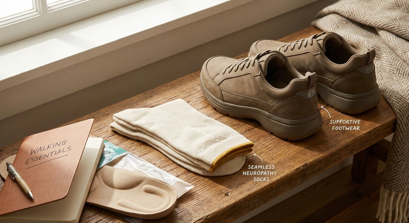 Supportive shoes, seamless socks, and orthotic insoles arranged as the practical toolkit for the walking-on-marbles sensation.