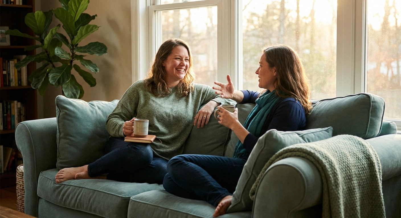 Two women in their 40s share tea and conversation on a couch representing MCAS-SFN patient community and mutual support