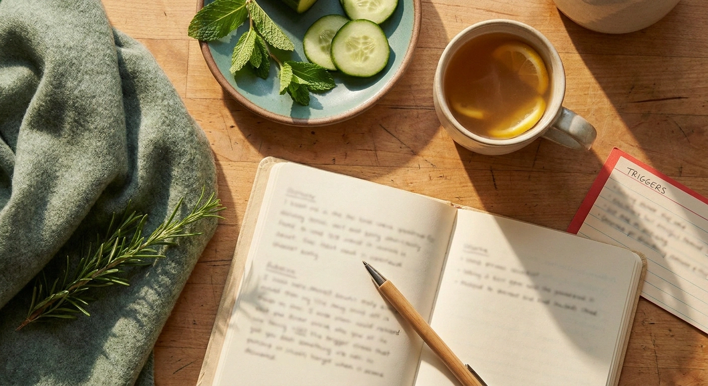 Overhead flat lay of a symptom journal, ginger tea, and fresh herbs on a warm neutral surface representing MCAS trigger tracking