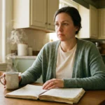 Woman in her late 30s with tea and a symptom journal at a sunlit kitchen table, calm and empowered