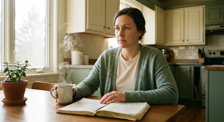 Woman in her late 30s with tea and a symptom journal at a sunlit kitchen table, calm and empowered