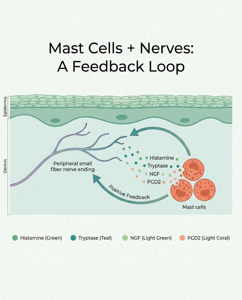 Diagram showing mast cell mediators (histamine, tryptase, NGF, PGD2) sensitizing a peripheral small fiber nerve with feedback loop