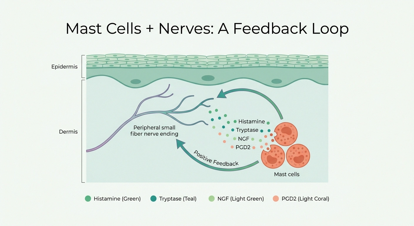 Diagram showing mast cell mediators (histamine, tryptase, NGF, PGD2) sensitizing a peripheral small fiber nerve with feedback loop