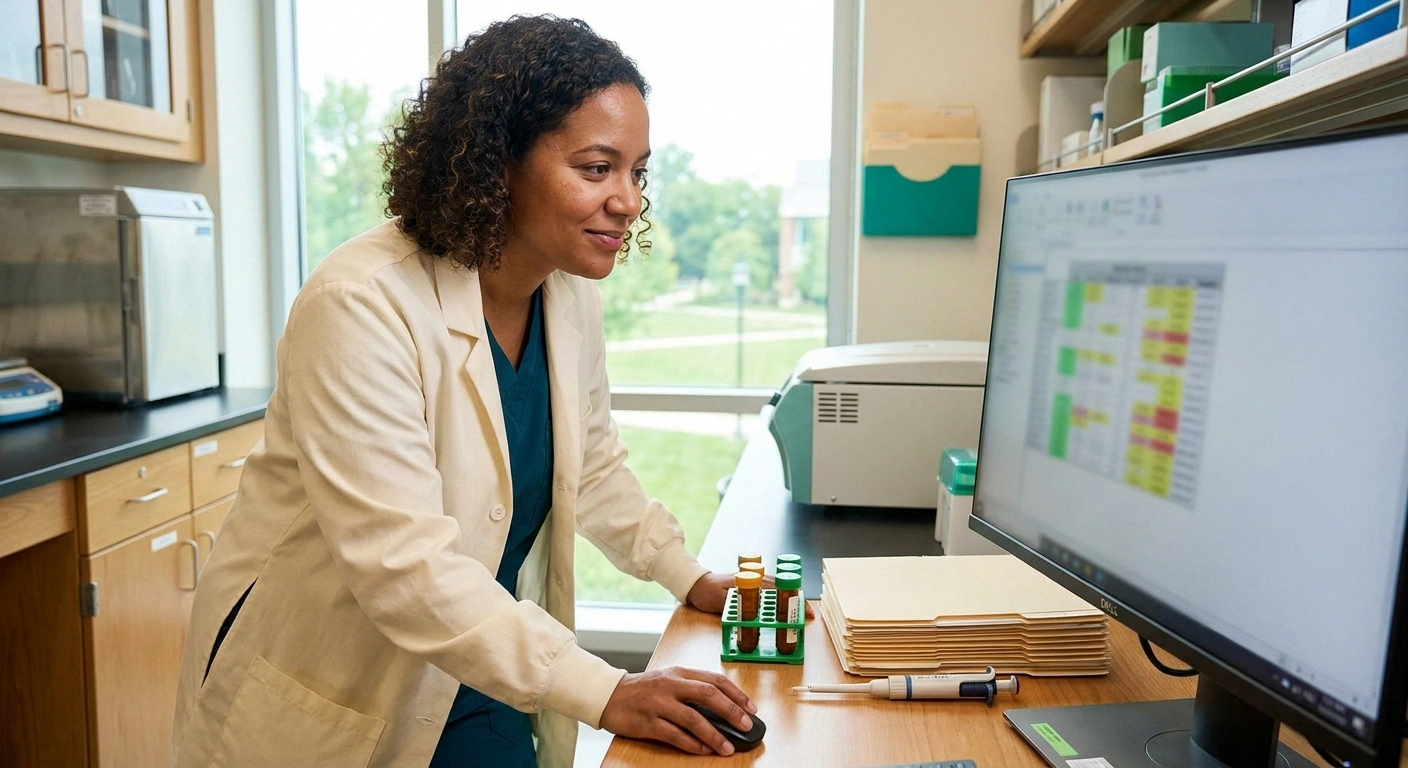 Researcher reviews small fiber neuropathy autoantibody results in a modern immunology lab studying the MCAS overlap