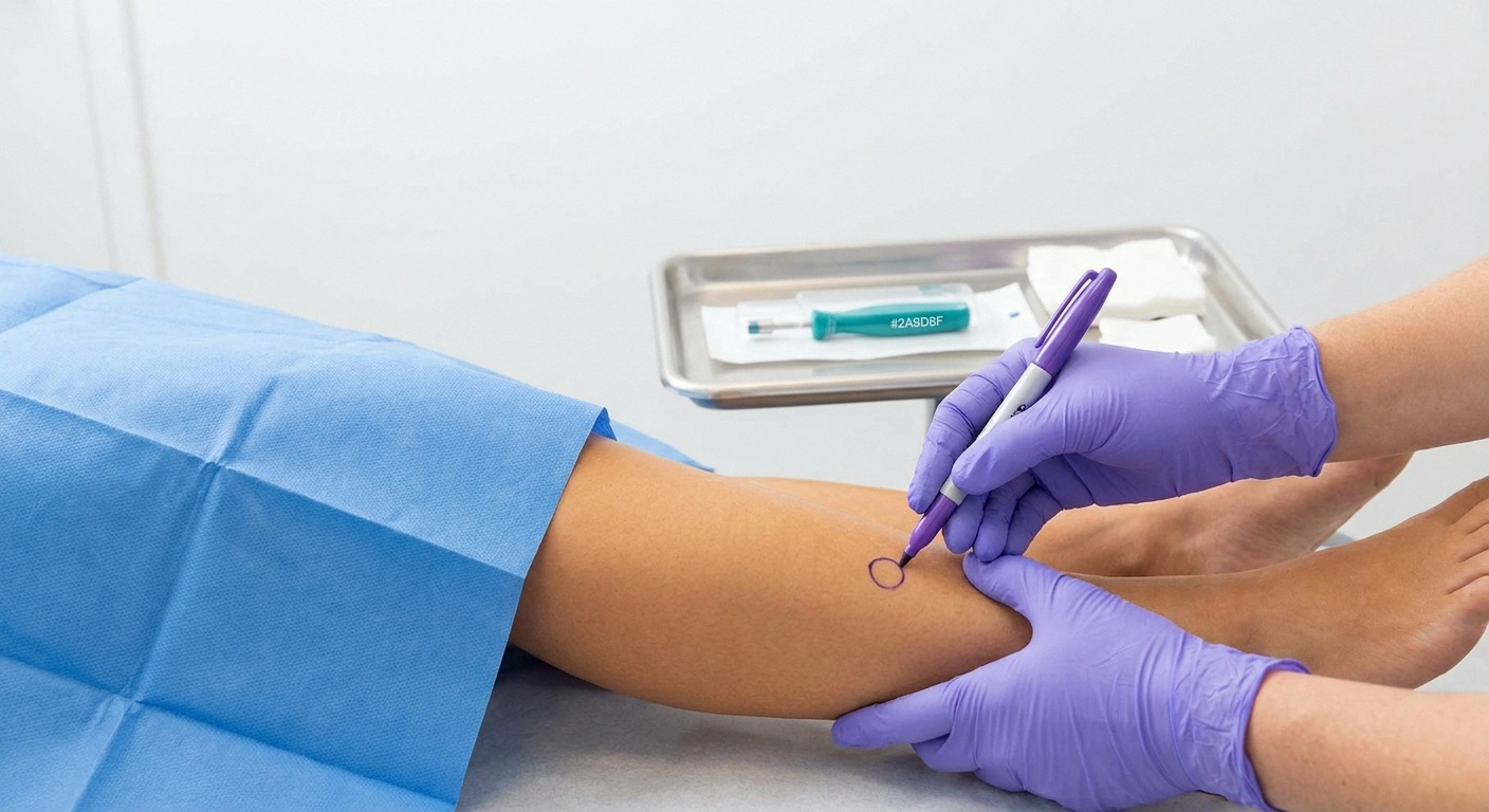 Clinician's gloved hands preparing a 3-mm distal calf skin punch biopsy site for small fiber neuropathy testing