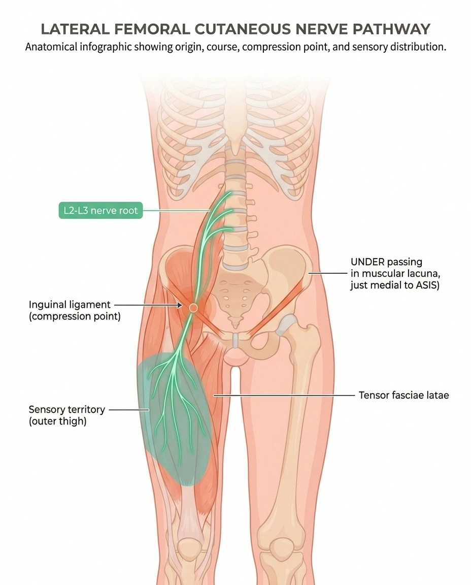 Anatomical diagram of the lateral femoral cutaneous nerve passing under the inguinal ligament, showing the outer-thigh sensory territory of meralgia paresthetica.