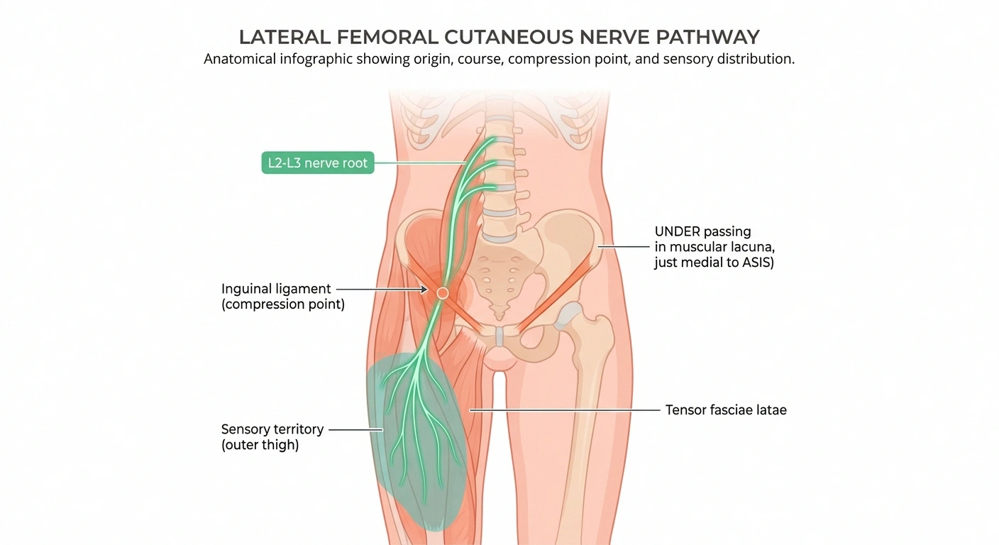 Anatomical diagram of the lateral femoral cutaneous nerve passing under the inguinal ligament, showing the outer-thigh sensory territory of meralgia paresthetica.