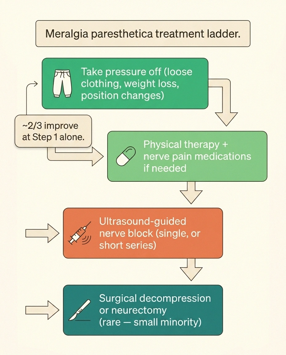 Vertical flowchart showing the four-step treatment ladder for meralgia paresthetica — pressure relief, medication, nerve block, and rarely surgery.