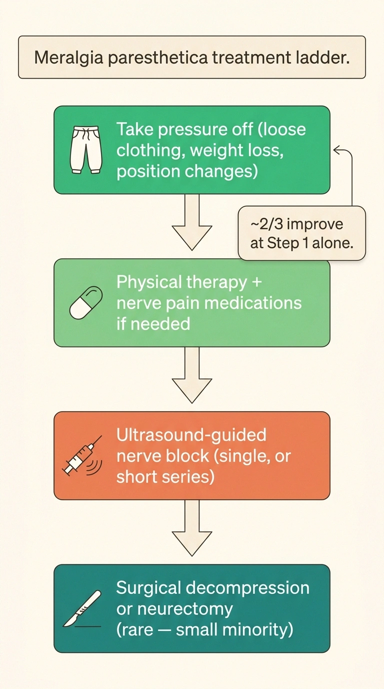 Vertical flowchart showing the four-step treatment ladder for meralgia paresthetica — pressure relief, medication, nerve block, and rarely surgery.
