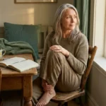 Woman in loose linen pants gently touching her outer thigh — the region affected by meralgia paresthetica.