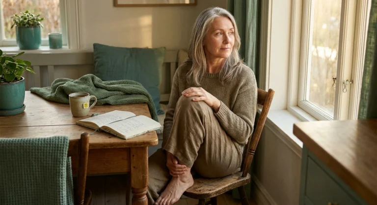 Woman in loose linen pants gently touching her outer thigh — the region affected by meralgia paresthetica.