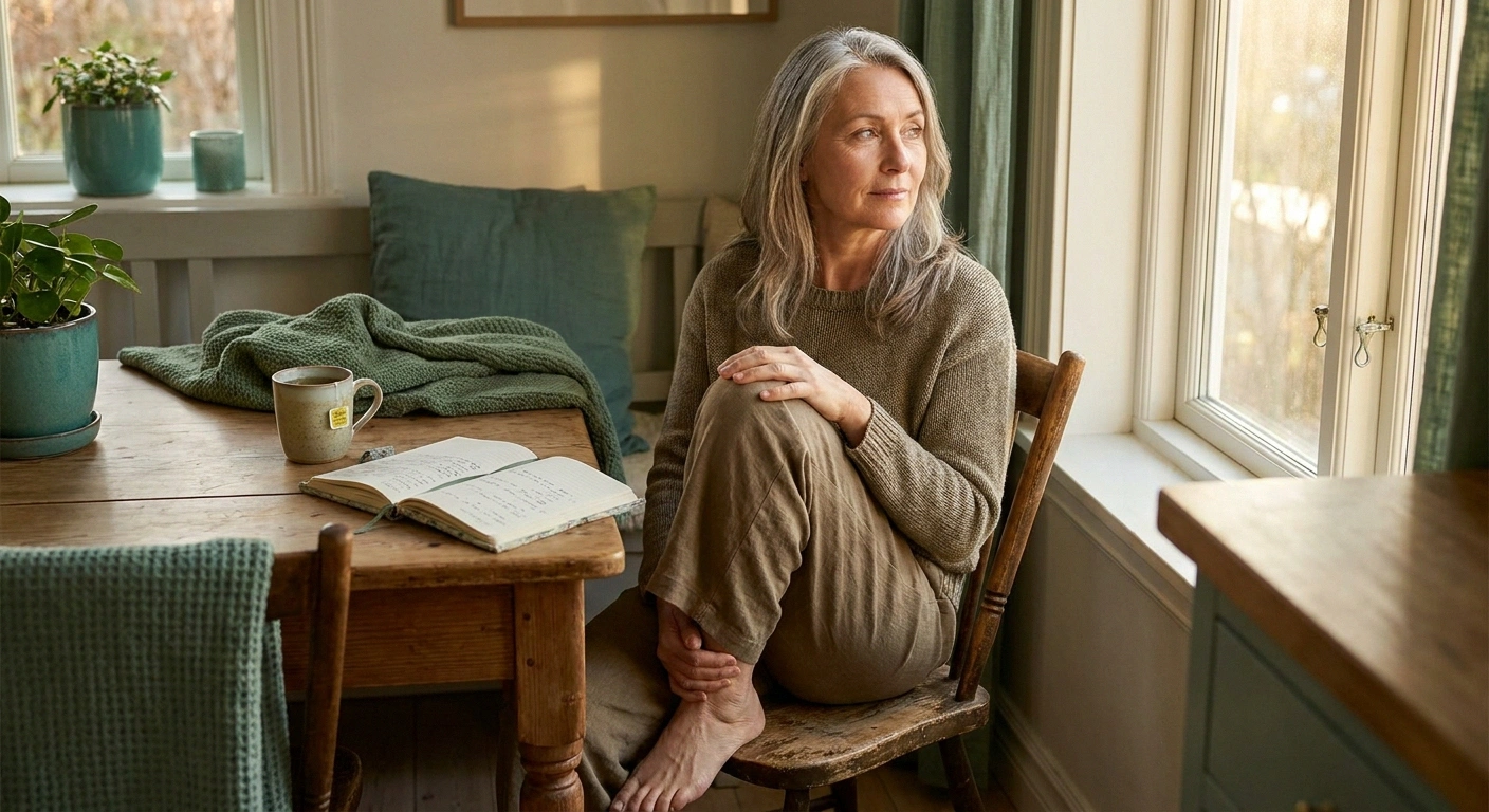 Woman in loose linen pants gently touching her outer thigh — the region affected by meralgia paresthetica.