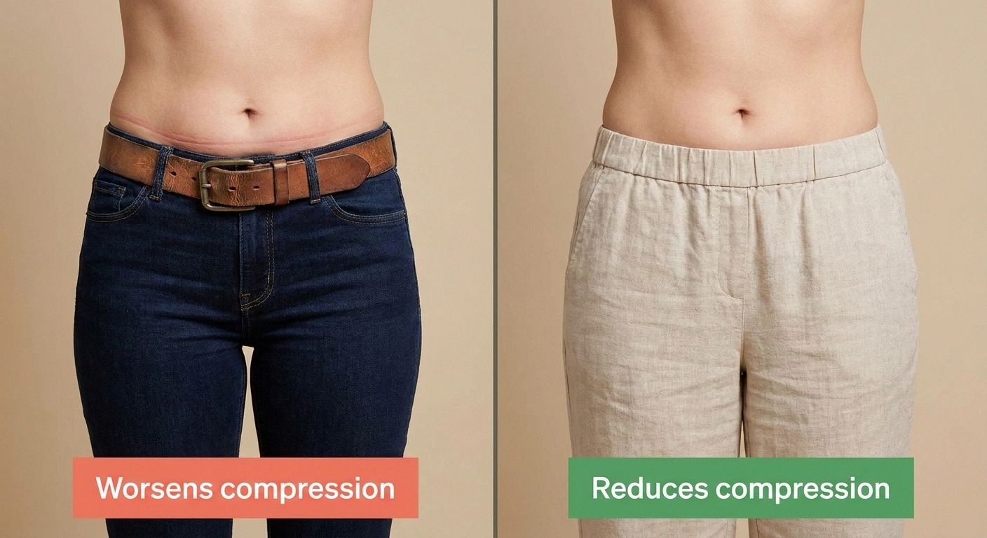 Side-by-side comparison of tight skinny jeans with a hip belt versus loose linen pants — how clothing choices affect the meralgia paresthetica pinch point.