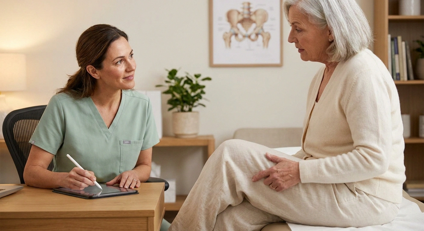 An older woman describing her outer-thigh symptoms to a physiatrist during a productive medical consultation.