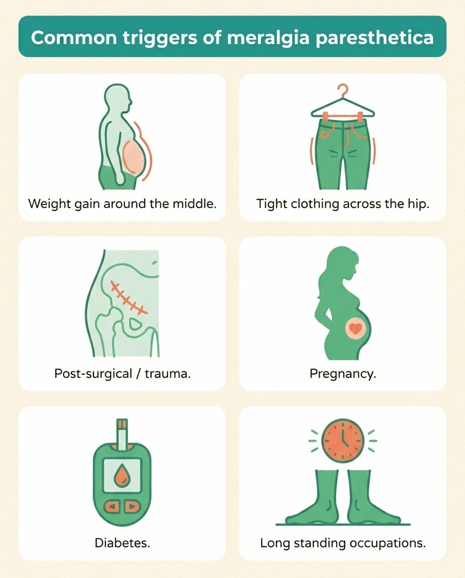Infographic summarizing the six most common triggers of meralgia paresthetica — weight, tight clothing, pregnancy, surgery, diabetes, and long standing occupations.