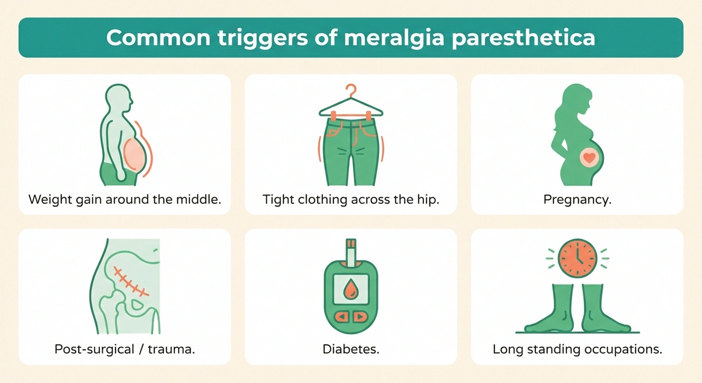 Infographic summarizing the six most common triggers of meralgia paresthetica — weight, tight clothing, pregnancy, surgery, diabetes, and long standing occupations.