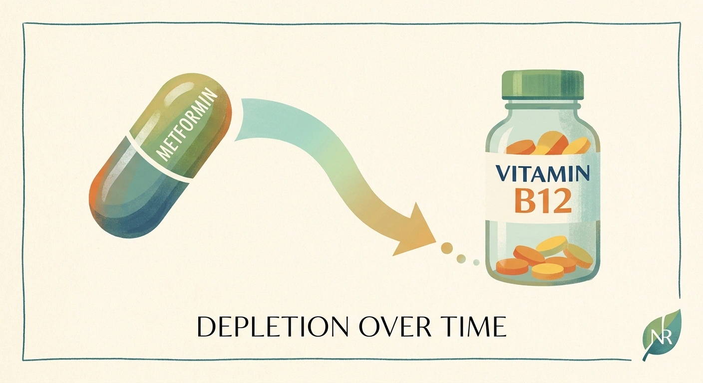 Editorial illustration showing metformin slowly depleting vitamin B12 stores in patients with diabetes