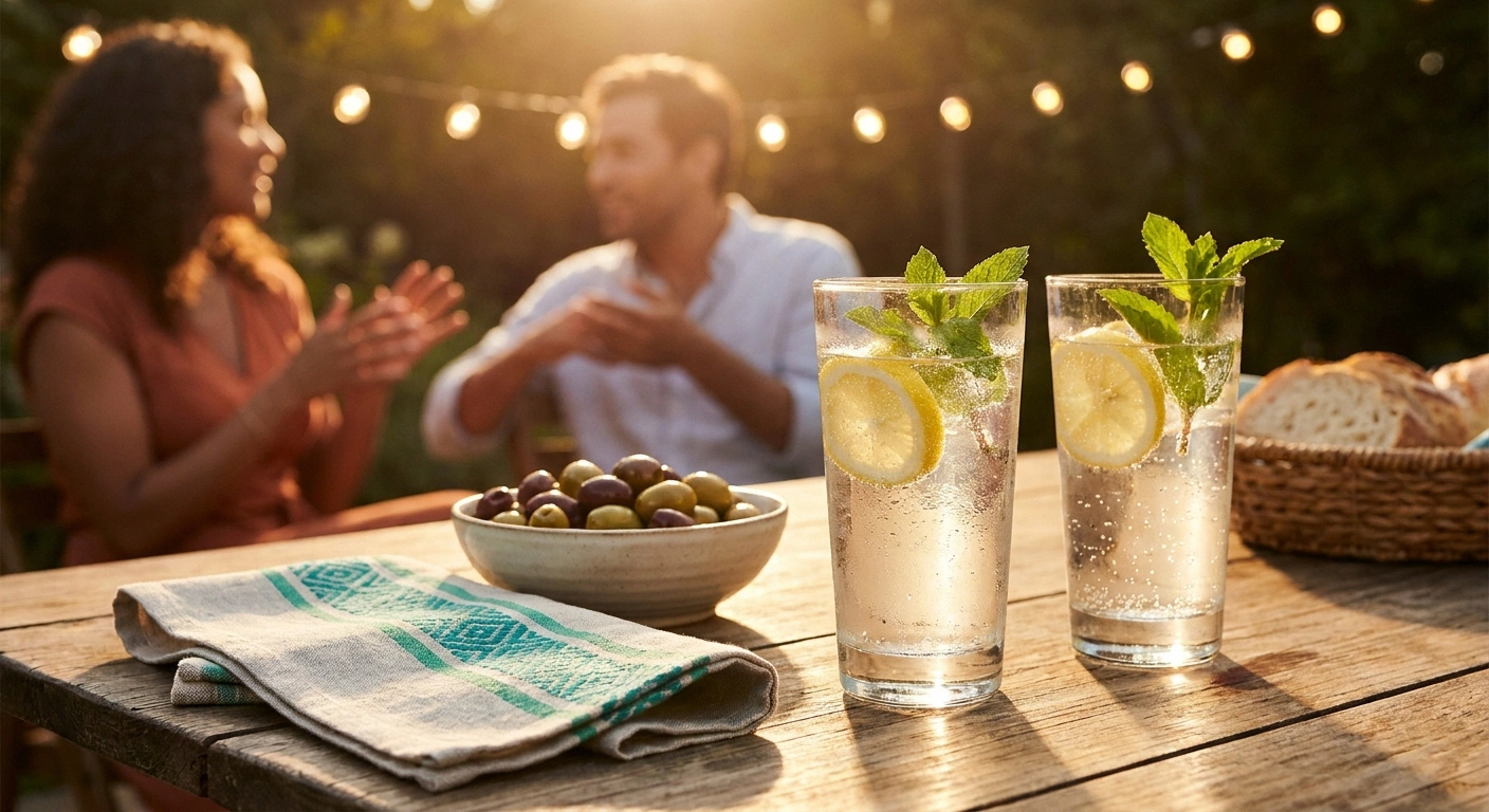 Two glasses of sparkling water with lemon and mint on a sunlit outdoor table with people in relaxed conversation behind.