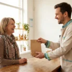 Pharmacist handing a paper prescription bag across a bright counter to a woman in her fifties during a relaxed conversation.
