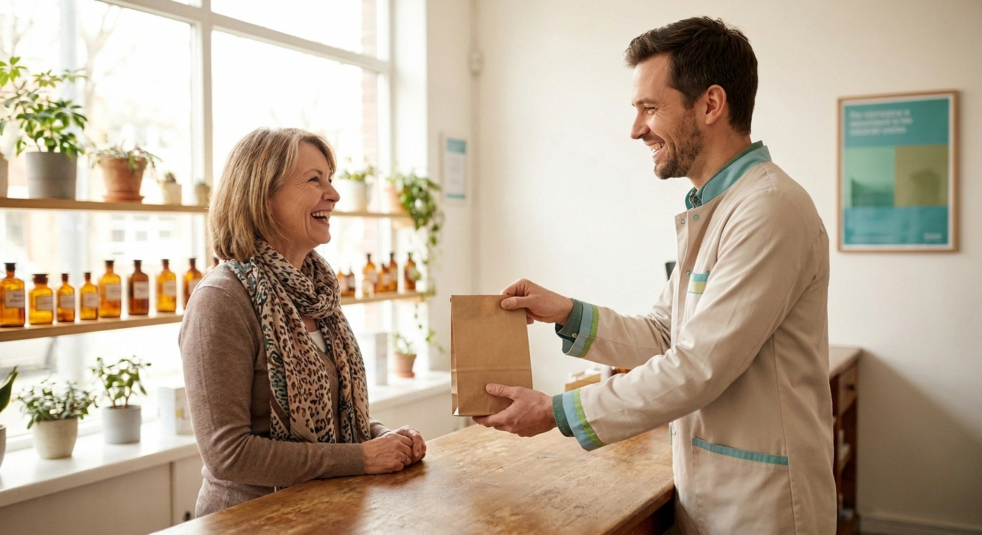 Pharmacist handing a paper prescription bag across a bright counter to a woman in her fifties during a relaxed conversation.