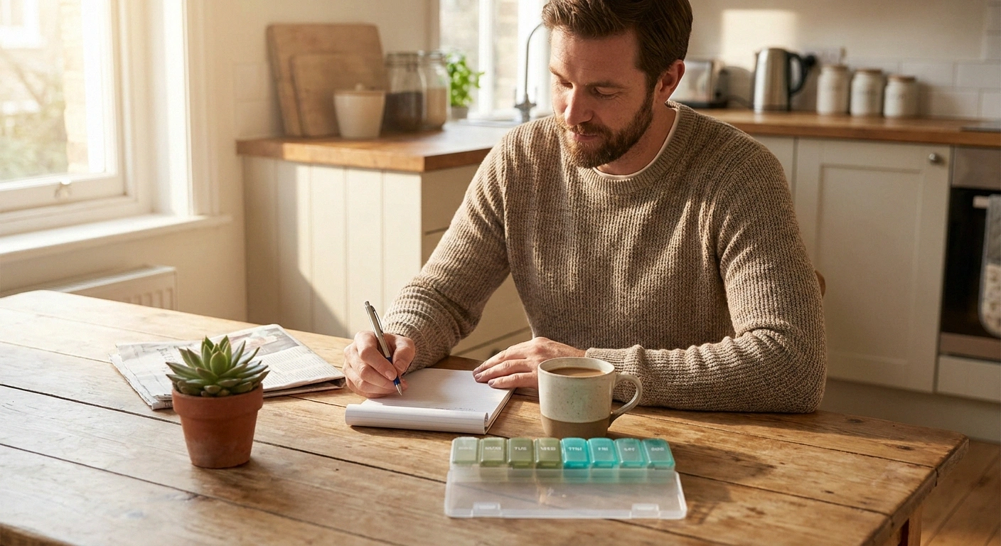 Man in his forties at a sunlit kitchen table writing in a notepad beside a mug and an unlabeled weekly pill organizer.