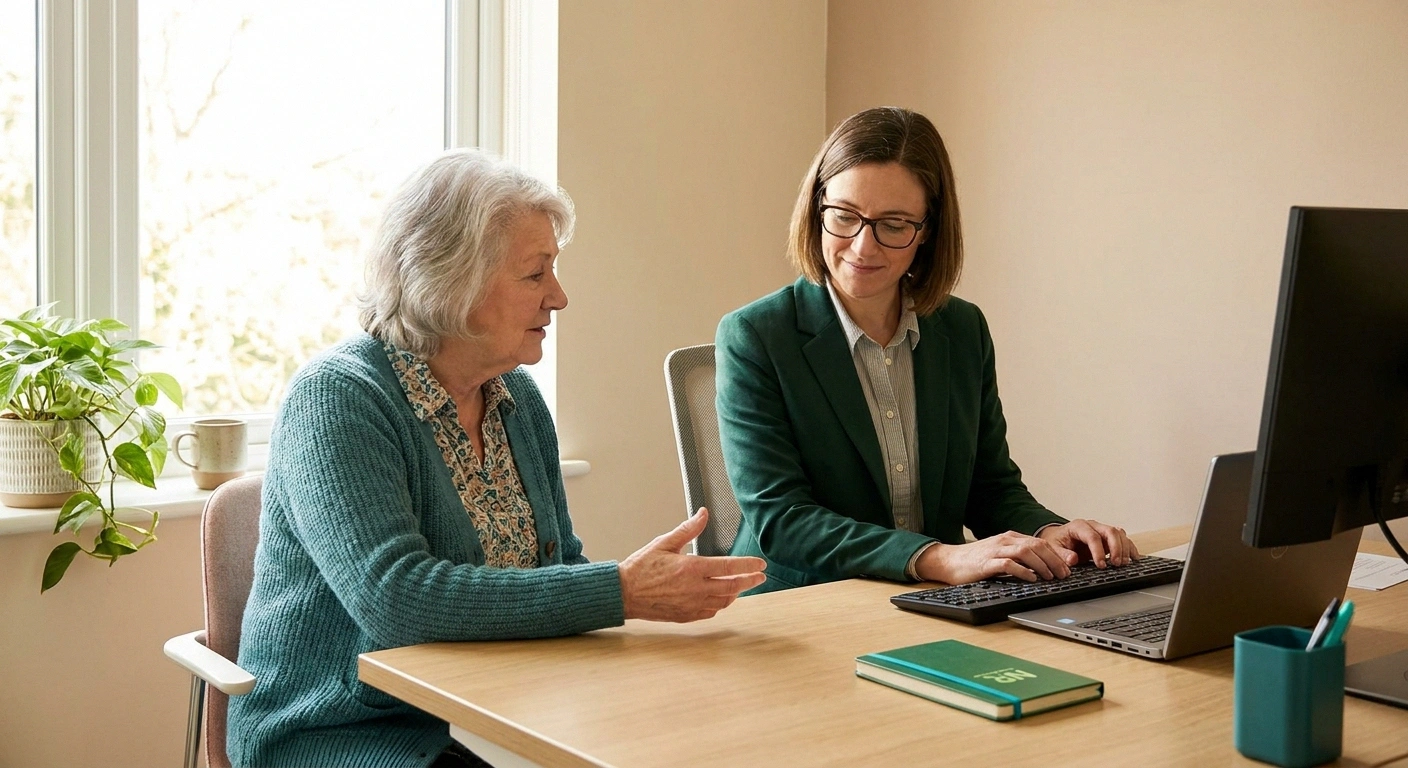 Woman in her sixties explaining her medication history to a clinician who is typing notes at a bright desk.