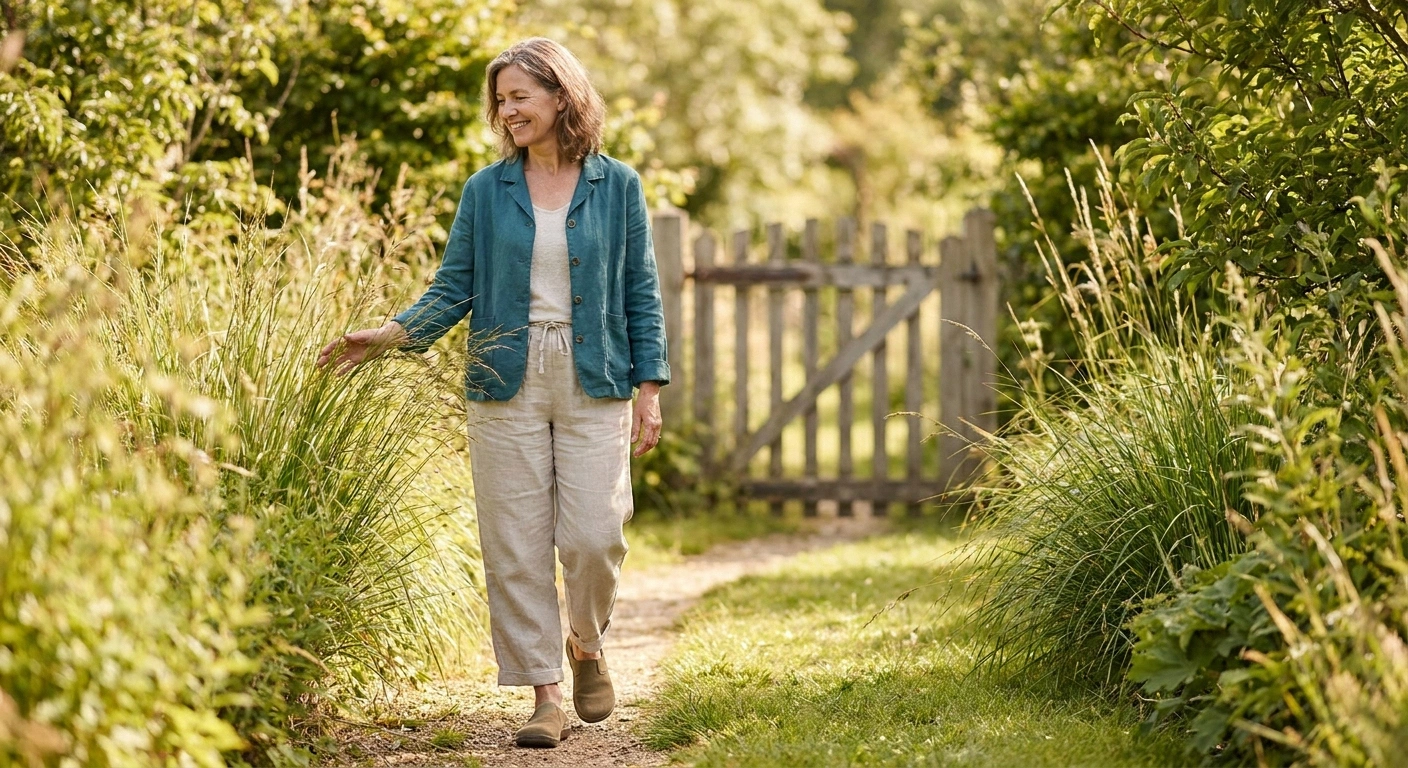 Woman in her fifties walking unhurried along a quiet garden path in late-morning light, one hand trailing over tall grasses.