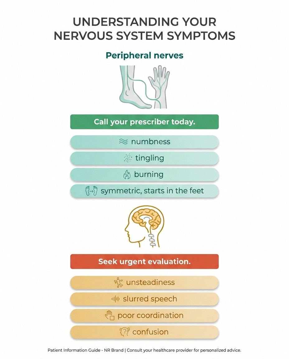 Two-column infographic separating peripheral nerve symptoms requiring a same-day call from central nervous system symptoms requiring urgent evaluation.