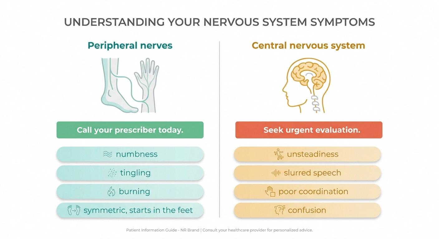 Two-column infographic separating peripheral nerve symptoms requiring a same-day call from central nervous system symptoms requiring urgent evaluation.