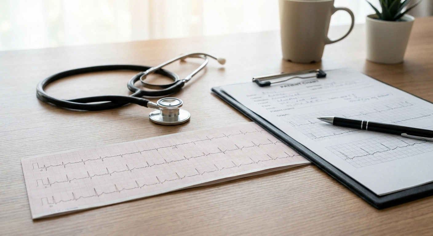Baseline electrocardiogram and stethoscope on desk representing the cardiac workup required before starting mexiletine