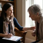 Older woman patient and neurologist discussing a third-line nerve pain medication during an office visit