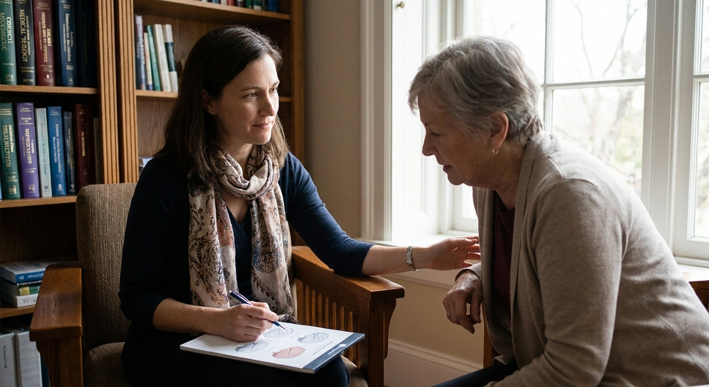 Older woman patient and neurologist discussing a third-line nerve pain medication during an office visit