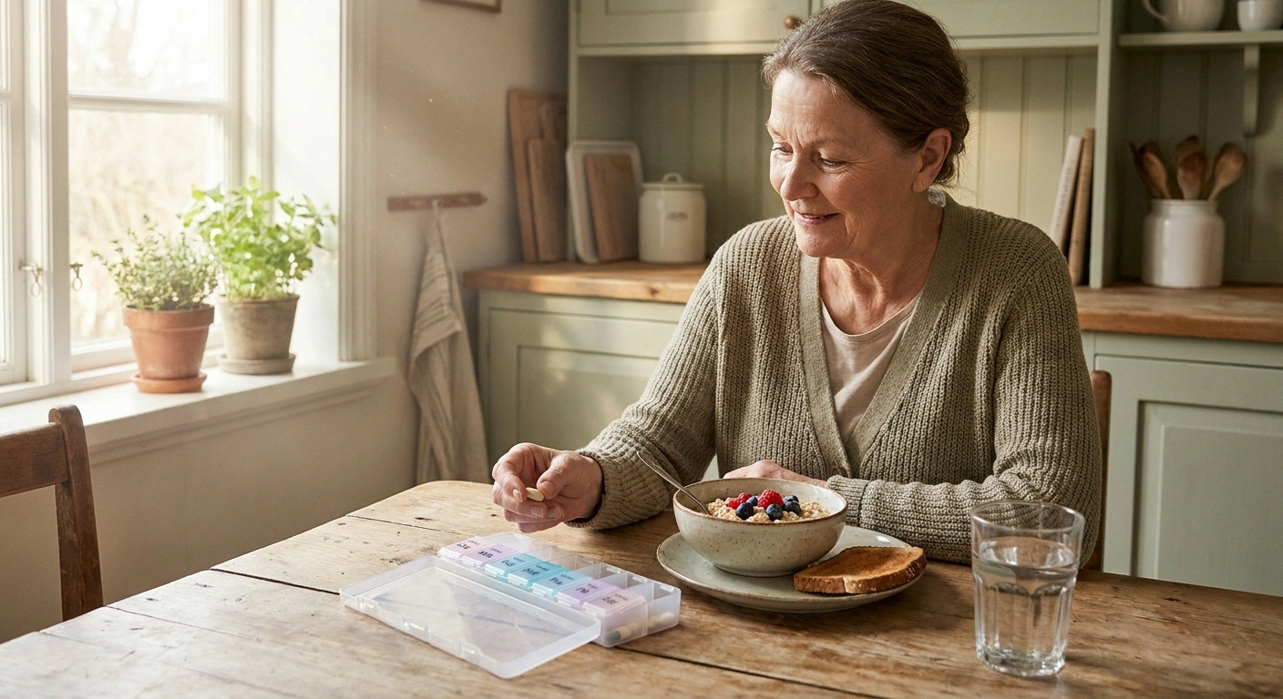 Older woman taking neuropathy medication with a substantial breakfast at her kitchen table
