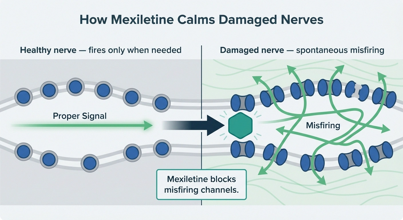 Medical illustration showing mexiletine blocking voltage-gated sodium channels in damaged peripheral nerves