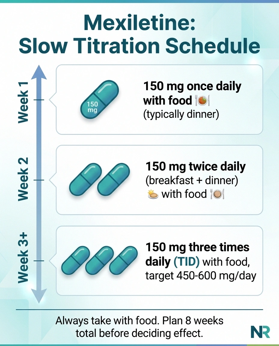 Three-week mexiletine titration schedule infographic showing gradual dose increase with food