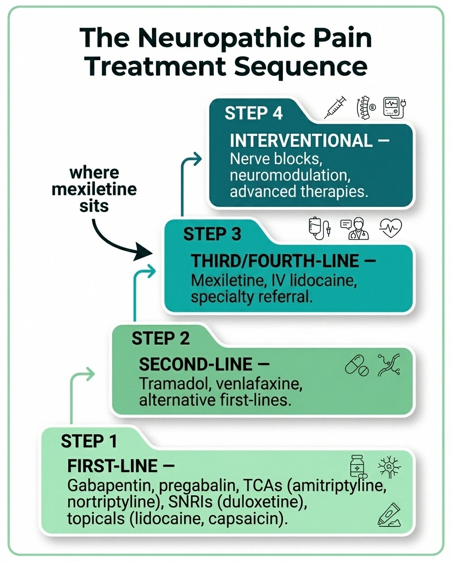 Four-step treatment ladder showing mexiletine as a third-line option after first and second-line nerve pain medications