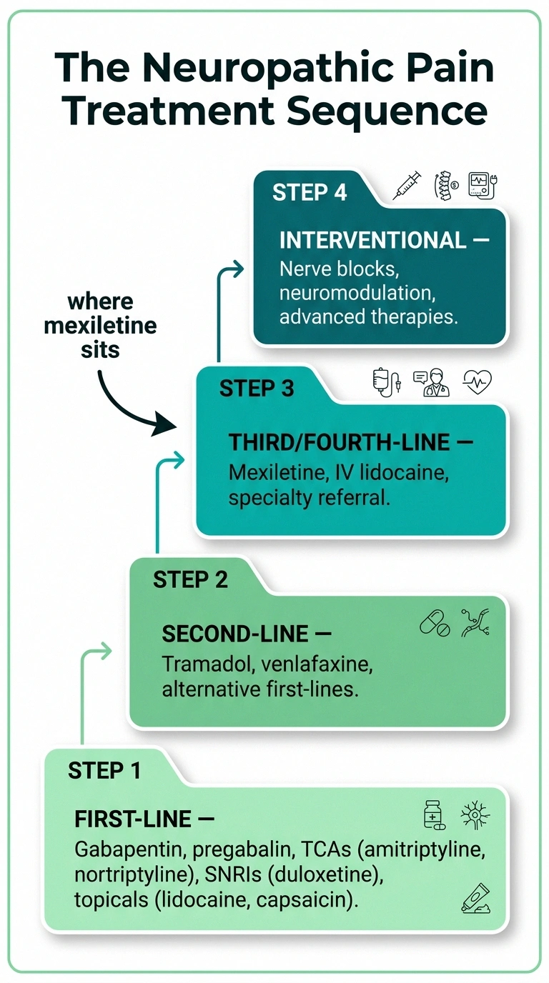 Four-step treatment ladder showing mexiletine as a third-line option after first and second-line nerve pain medications